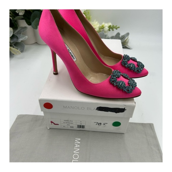 Women's Manolo Blahnik pink 105 mm satin heels size 37 made in Italy - Picture 6 of 6